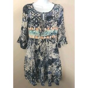 bdba Women Navy Blue Colorful Embroidery Pattern Boho Dress Size 6(38)